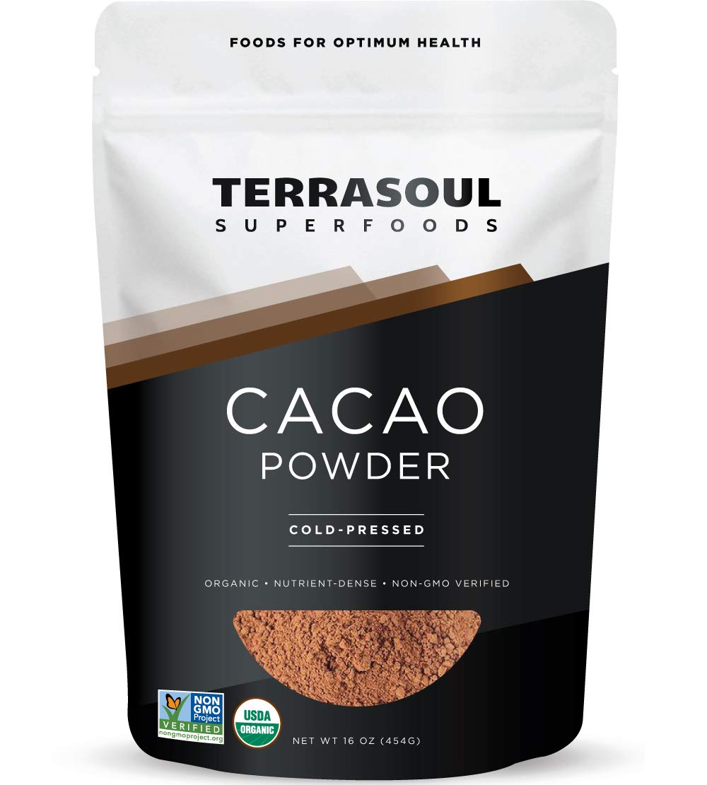 Terrasoul cacao powder in 16oz pouch ready for baking and smoothies