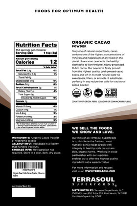Terrasoul Superfoods cacao powder bag close-up shows rich cocoa powder for recipes.