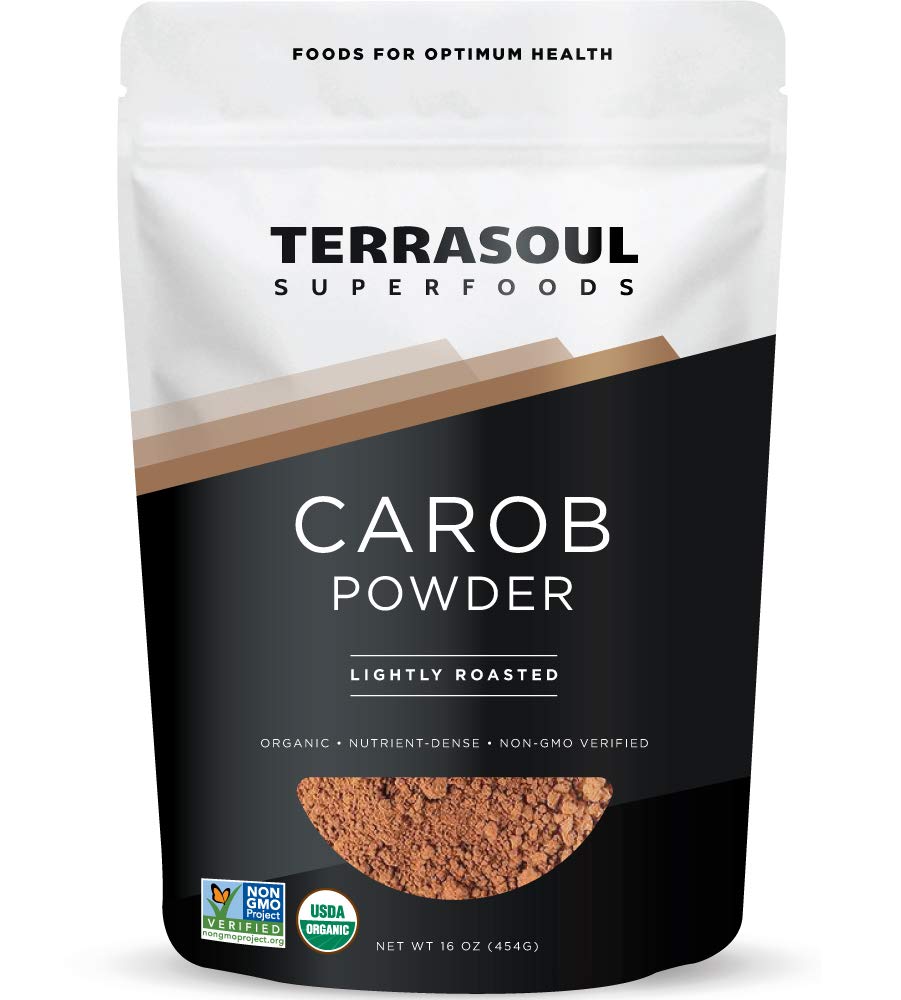 Terrasoul Carob Powder 16oz packaging with organic and gluten-free labels.