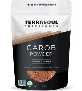 Terrasoul Carob Powder 16oz packaging with organic and gluten-free labels.