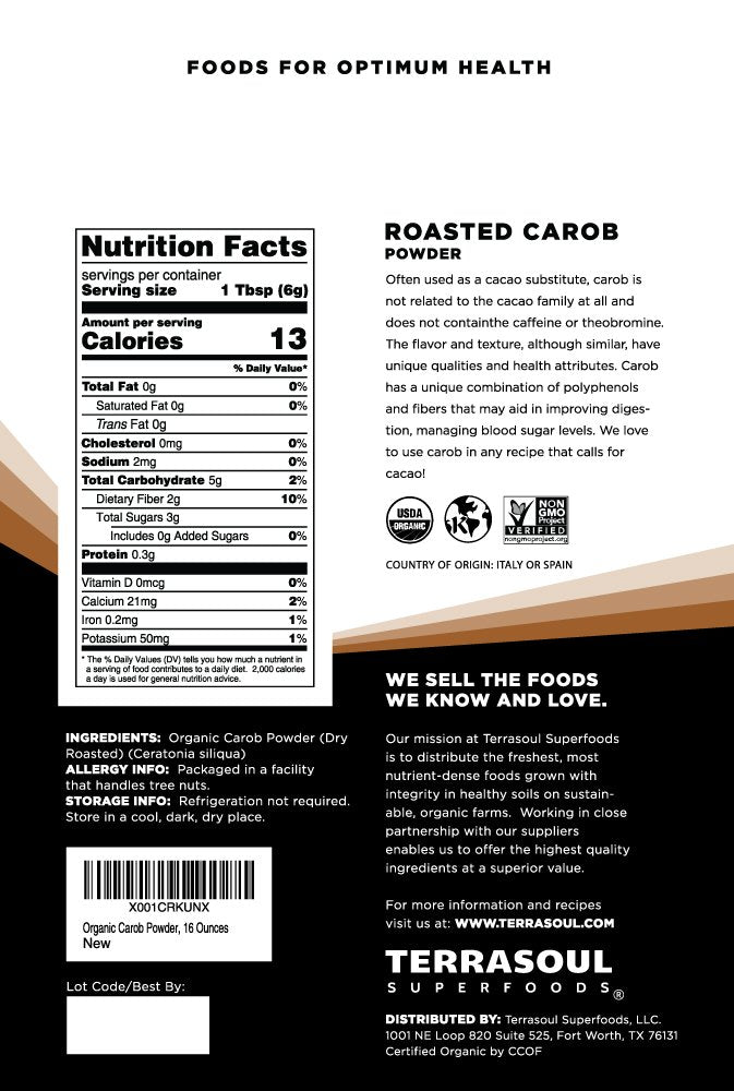 Terrasoul carob powder, lightly roasted texture enhances natural sweetness for beverages.