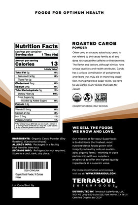 Terrasoul Carob Powder close-up reveals smooth, naturally sweet aroma for recipes.