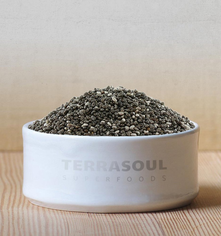 Terrasoul Black Chia Seeds in bowl with breakfast ingredients.