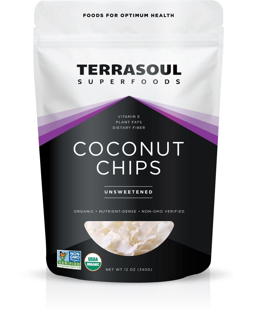 Terrasoul Coconut Chips 12oz pouch — organic, raw, unsweetened snack ingredient.