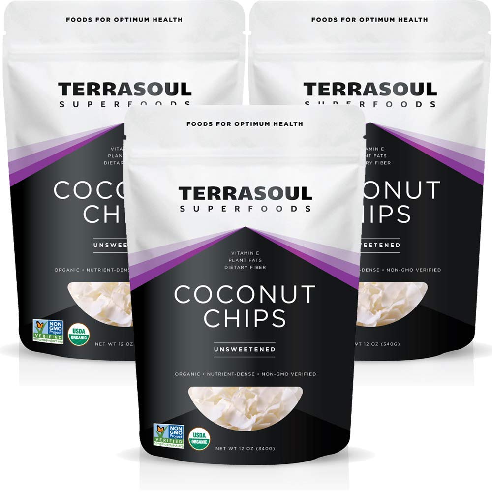Terrasoul coconut chips three-pack packaging, convenient organic snack option.