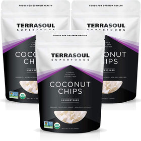 Terrasoul coconut chips three-pack packaging, convenient organic snack option.