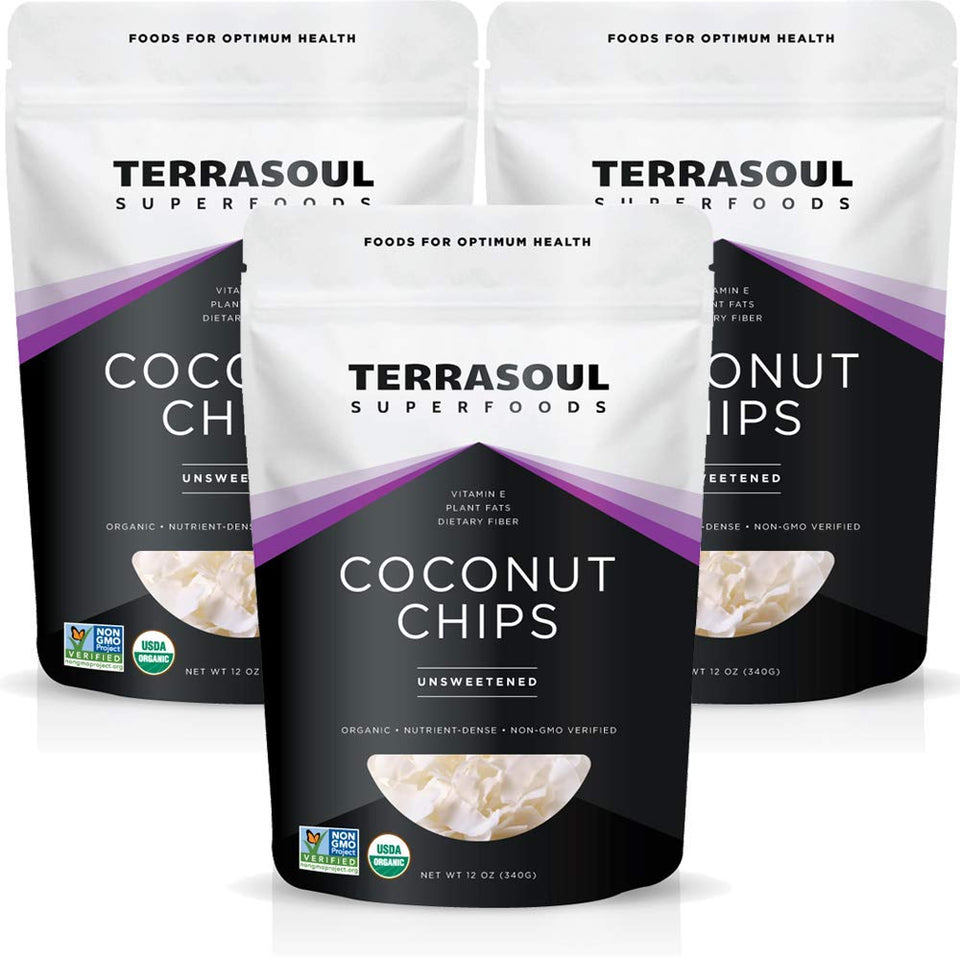 Terrasoul coconut chips three-pack packaging, convenient organic snack option.