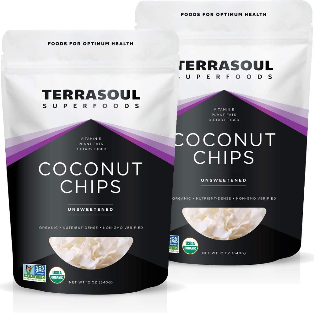 Terrasoul Superfoods coconut chips two-pack, unsweetened and raw, great for snacking.