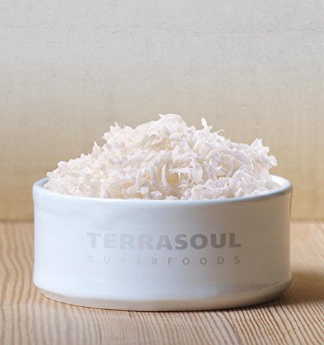 Terrasoul Organic Coconut Flakes nutrition label closeup emphasizing organic and gluten-free benefits.