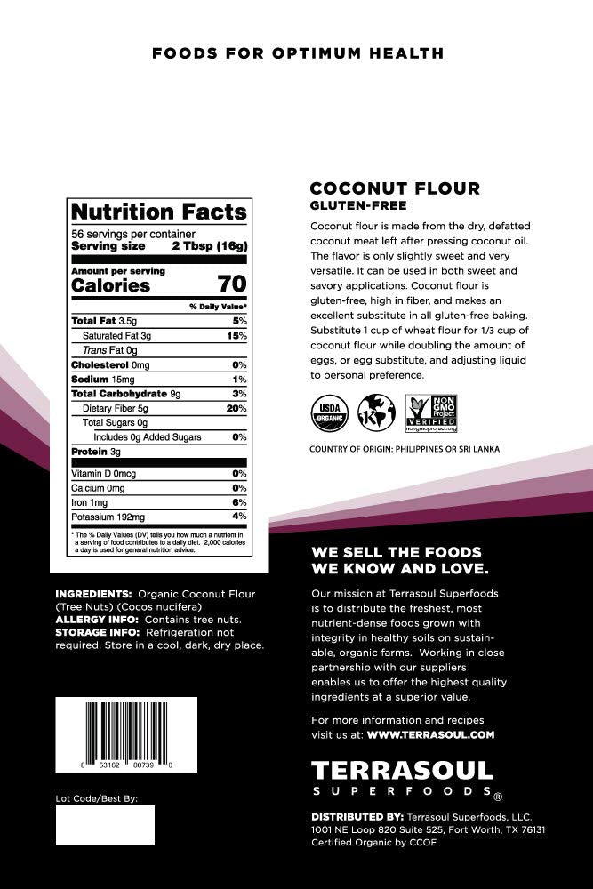 Open bag close-up of Terrasoul coconut flour highlighting its fine texture for light baked goods