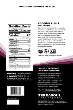 Open bag close-up of Terrasoul coconut flour highlighting its fine texture for light baked goods