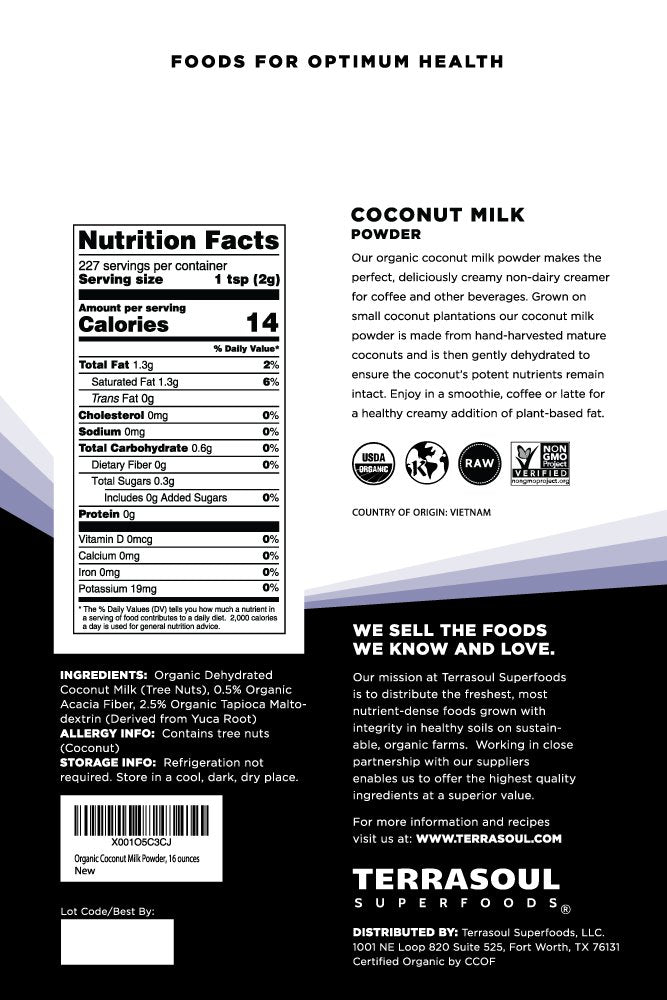 Terrasoul Coconut Milk Powder texture with scoop ready to dissolve into beverages.