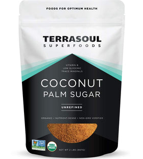 Terrasoul coconut sugar 2lb pack on pantry shelf, natural baking sweetener