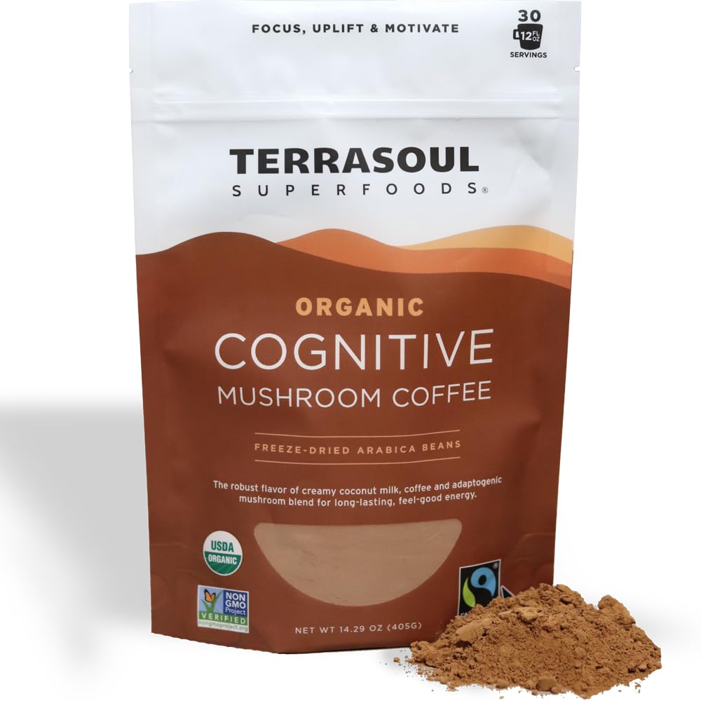 Terrasoul Cognitive Mushroom Coffee tin front—organic blend for a smooth morning boost