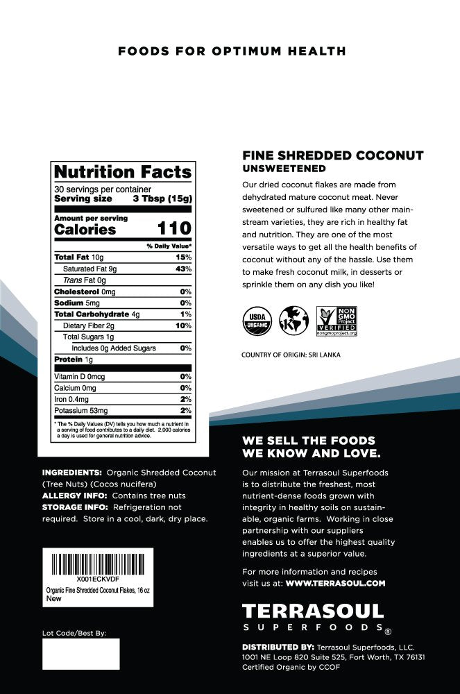 Terrasoul finely shredded coconut flakes texture for baking, granola, and toppings.