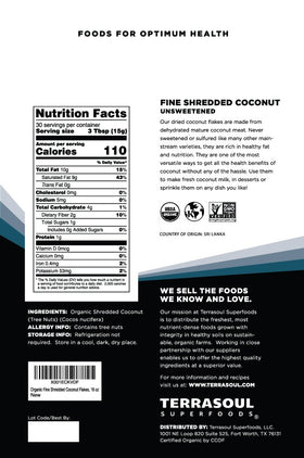 Terrasoul finely shredded coconut flakes texture for baking, granola, and toppings.