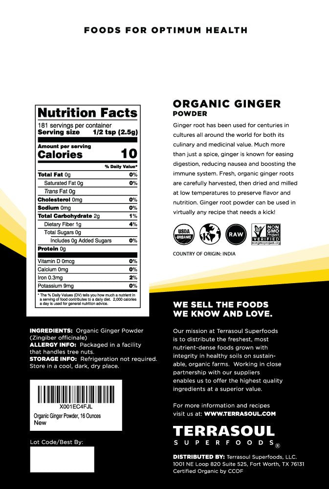 Terrasoul Ginger Powder lab-tested label signals purity for reliable cooking.