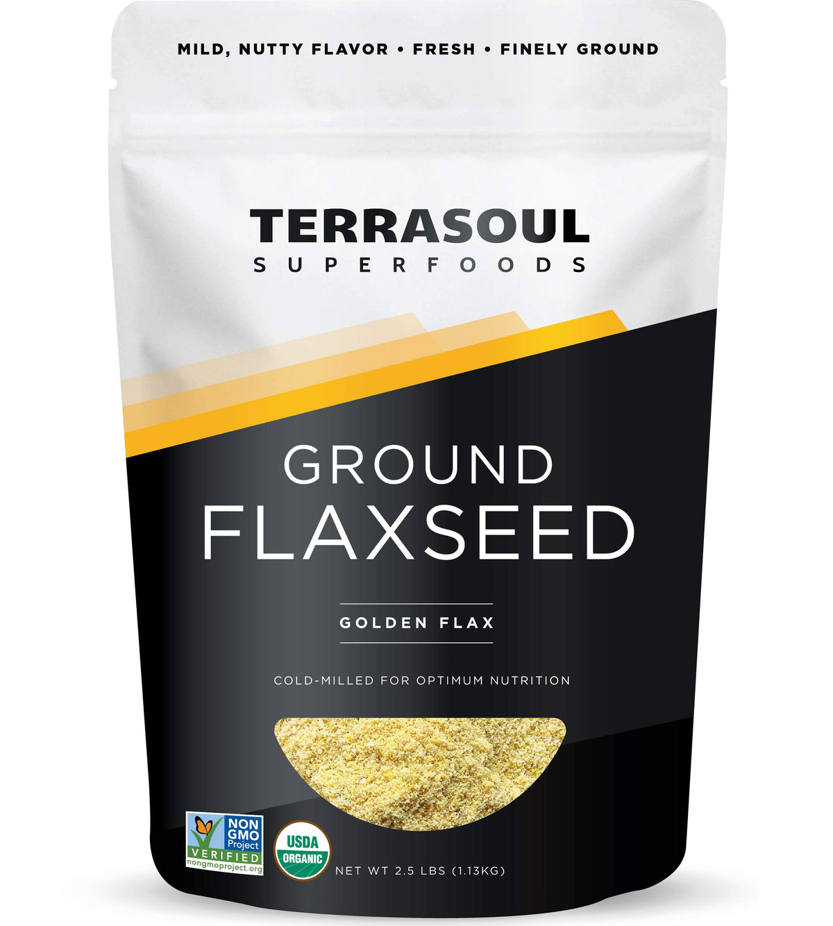 Terrasoul Golden flax powder, finely ground, ideal for smoothies and baking.