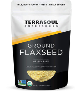 Terrasoul Golden flax powder, finely ground, ideal for smoothies and baking.