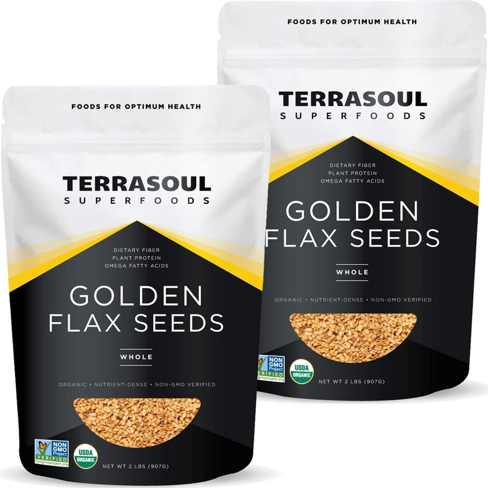 Terrasoul Golden Flax Seeds 2-pack packaging, convenient pantry storage.