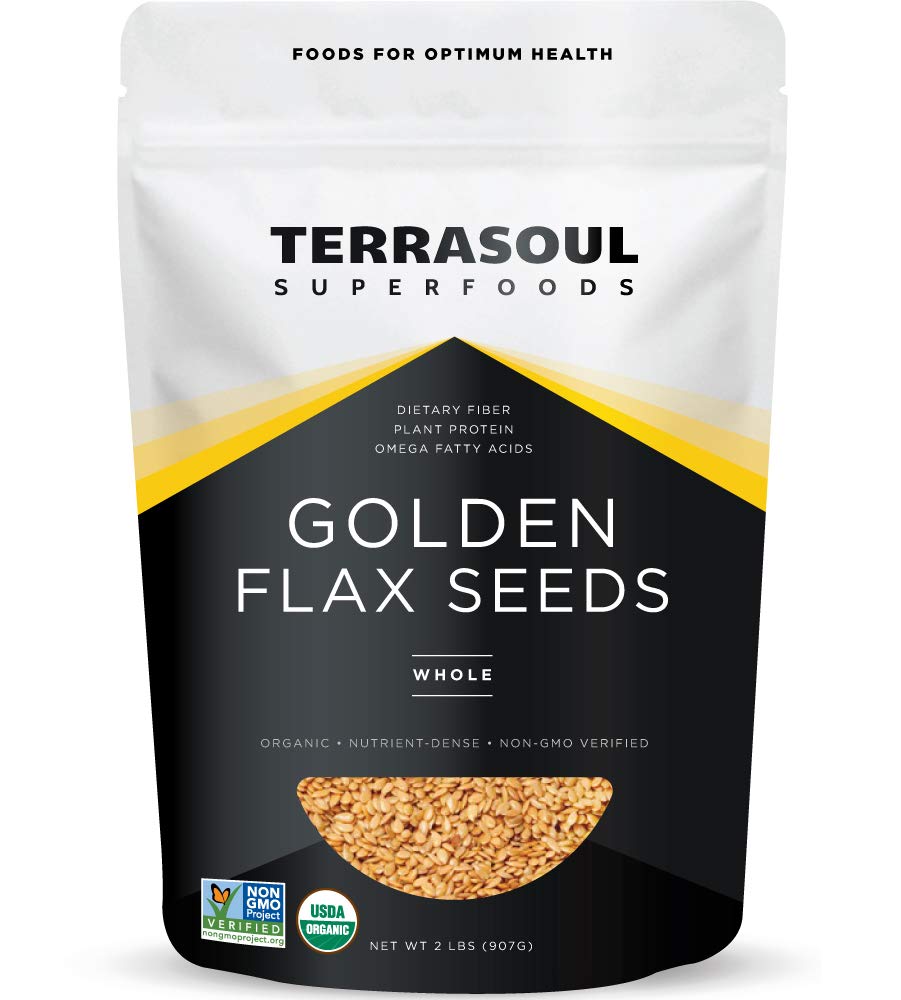 Terrasoul Golden Flax Seeds packaging highlights organic, non-GMO quality for everyday cooking.