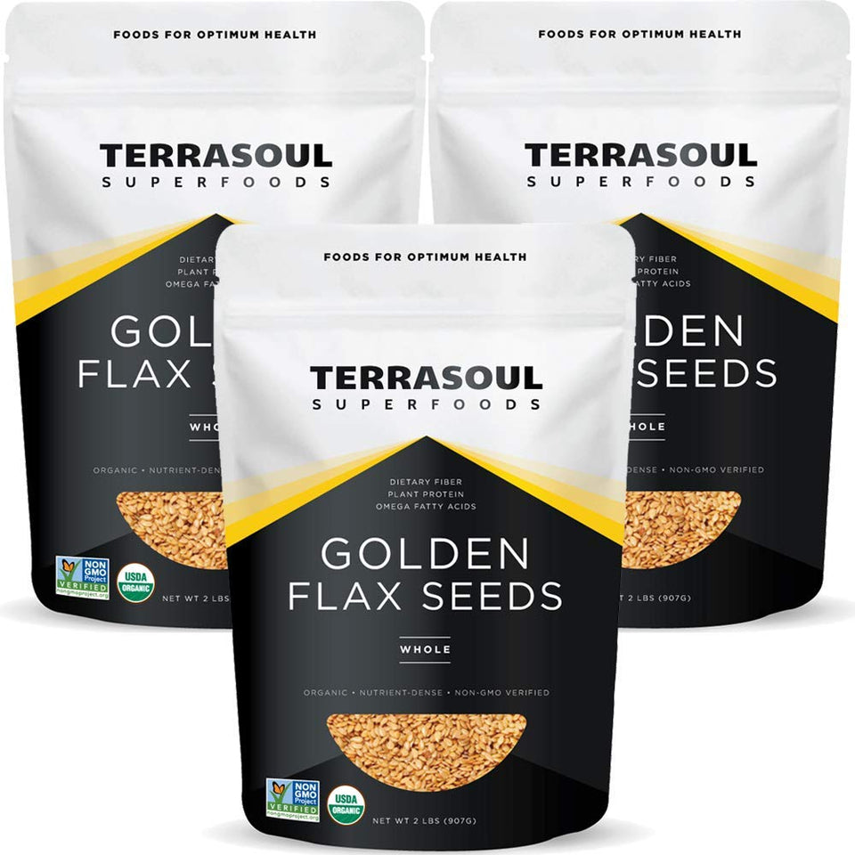 Terrasoul Golden Flax Seeds pouch with label, organic omega-3 source