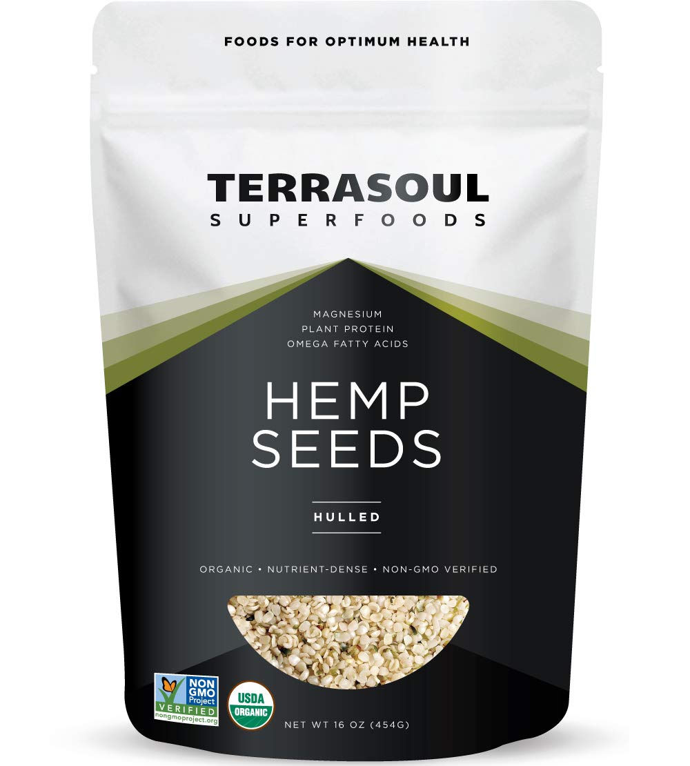 Terrasoul Hemp Seeds 16oz bag, ideal for smoothies and snacks, featuring protein boost.