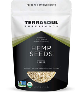 Terrasoul Hemp Seeds 16oz bag, ideal for smoothies and snacks, featuring protein boost.