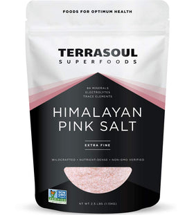 Terrasoul Himalayan Pink Salt extra-fine crystals in a 2.5 lb pouch for precise seasoning.