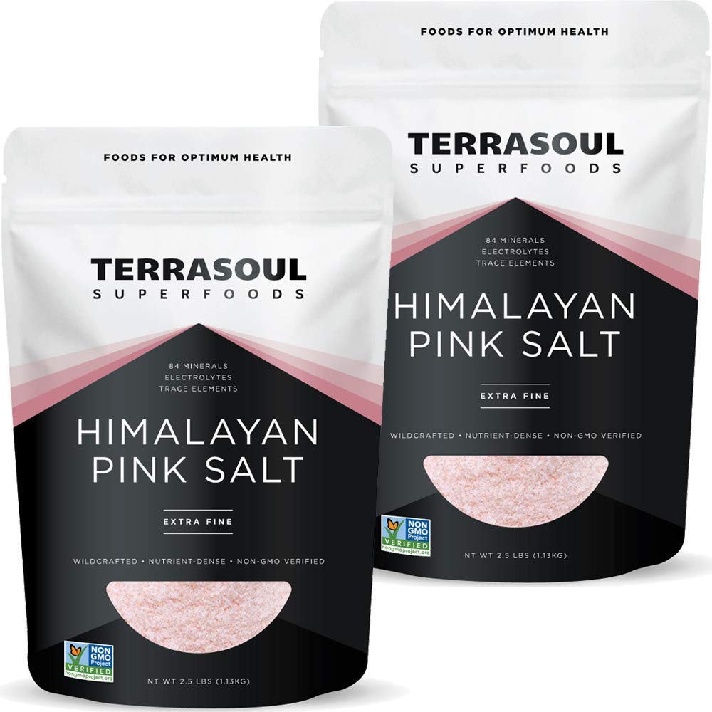 Terrasoul Himalayan Pink Salt extra-fine crystals in two-pack pouches for easy seasoning