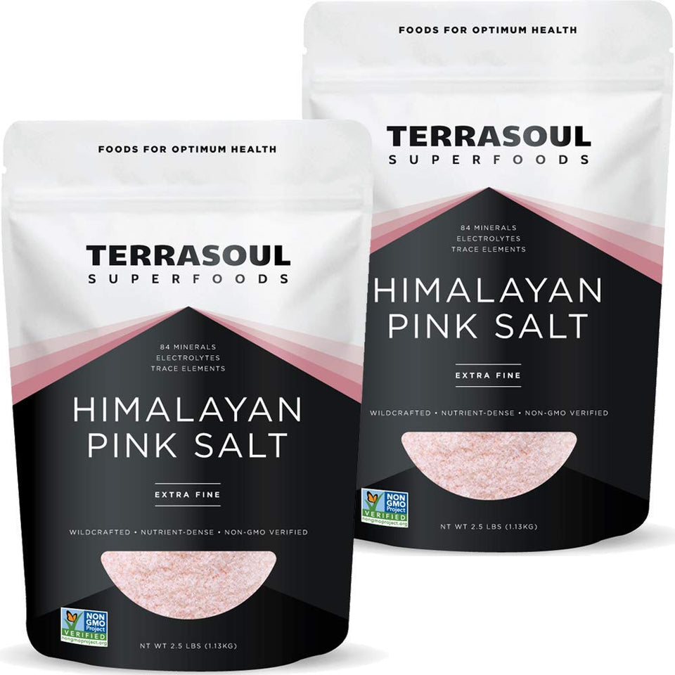 Terrasoul Himalayan Pink Salt extra-fine crystals in two-pack pouches for easy seasoning