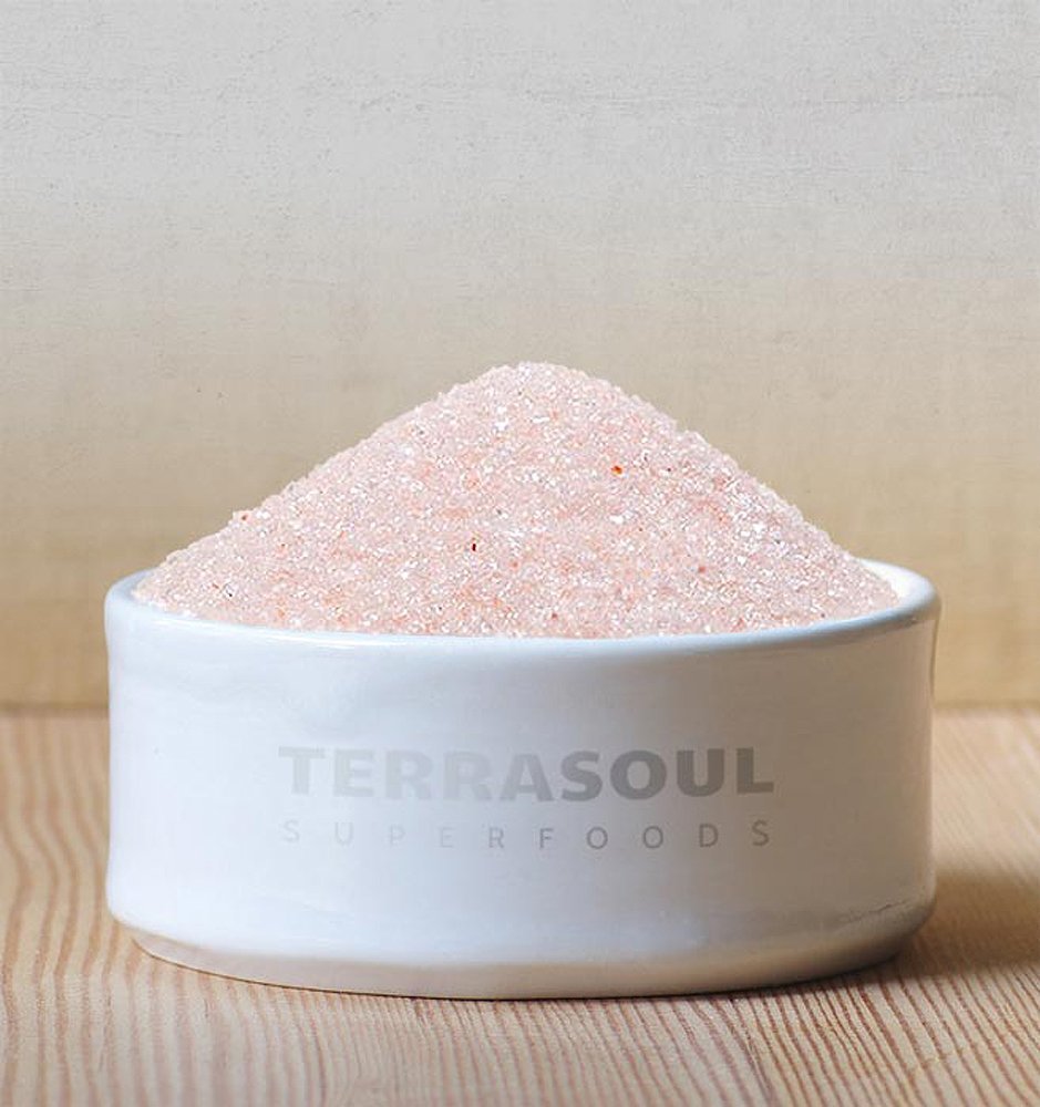 Terrasoul Himalayan Pink Salt crystals shown ready for shaker use in everyday cooking.
