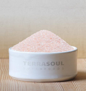 Terrasoul Himalayan Pink Salt crystals shown ready for shaker use in everyday cooking.