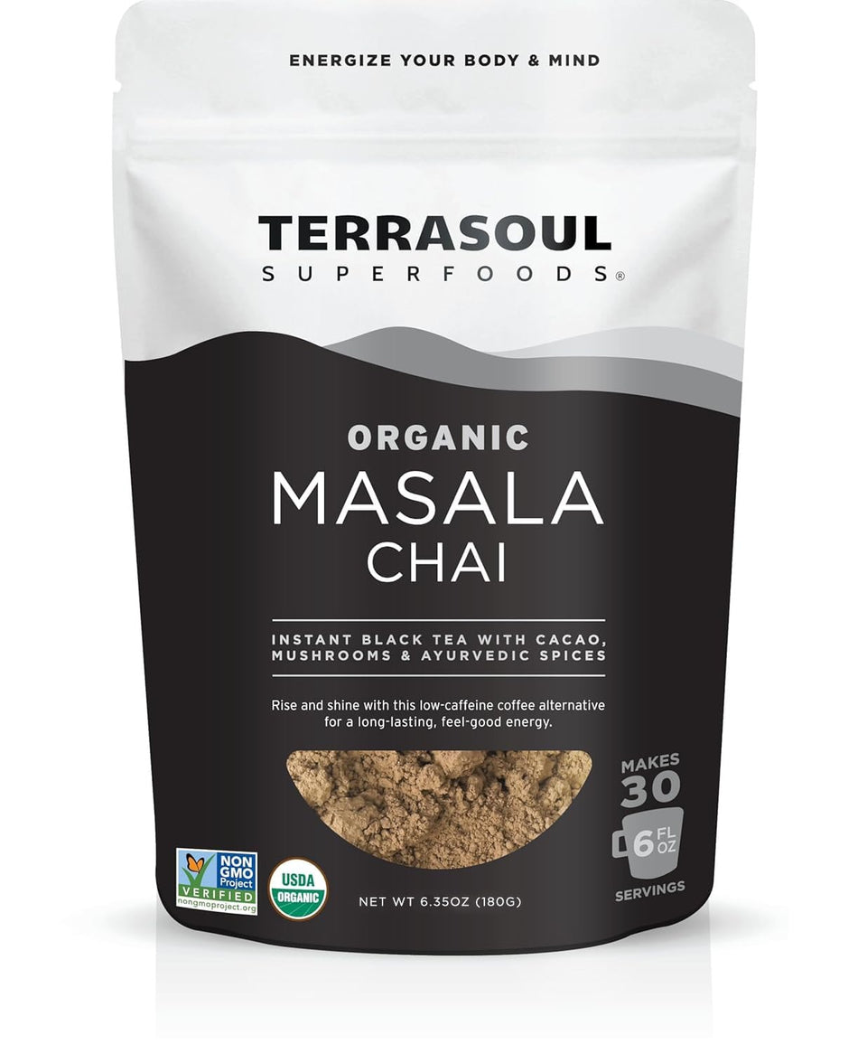 Terrasoul Instant Masala Chai packaging featuring organic ingredients and branding.