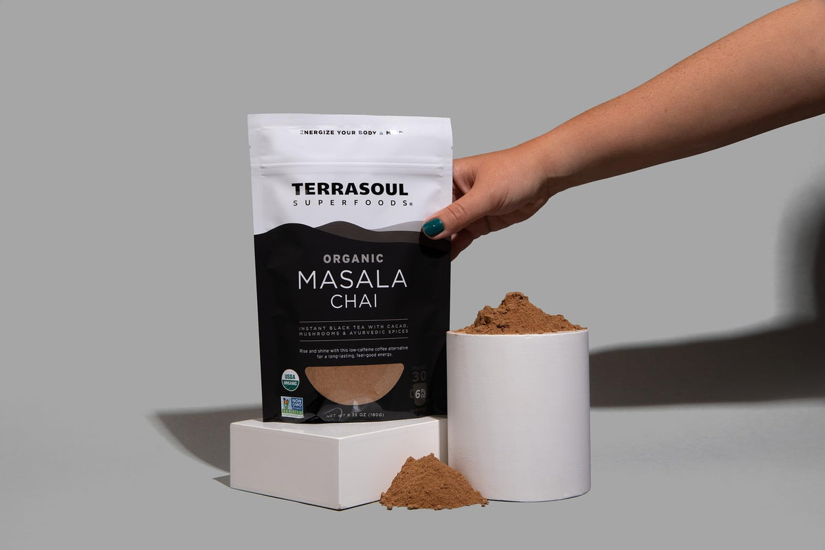 Close-up of Terrasoul Masala Chai spice blend aroma and colorful spices.