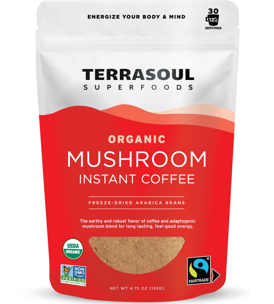 Terrasoul Instant Mushroom Coffee pack shot showing premium blend for a quick energy lift.