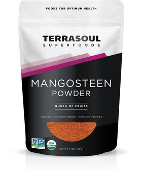 Terrasoul Mangosteen powder in a 6-ounce pouch, antioxidant-rich.