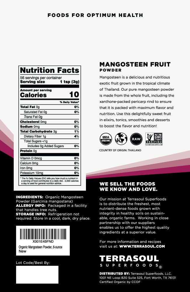 Terrasoul Mangosteen powder being poured, ideal for blending into drinks.