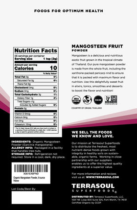 Terrasoul Mangosteen powder being poured, ideal for blending into drinks.