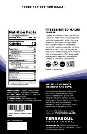 Terrasoul Maqui Berry Powder packaging highlighting organic, vegan-friendly formula.