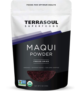 Terrasoul Maqui Berry Powder pouch showing organic freeze-dried powder for smoothies