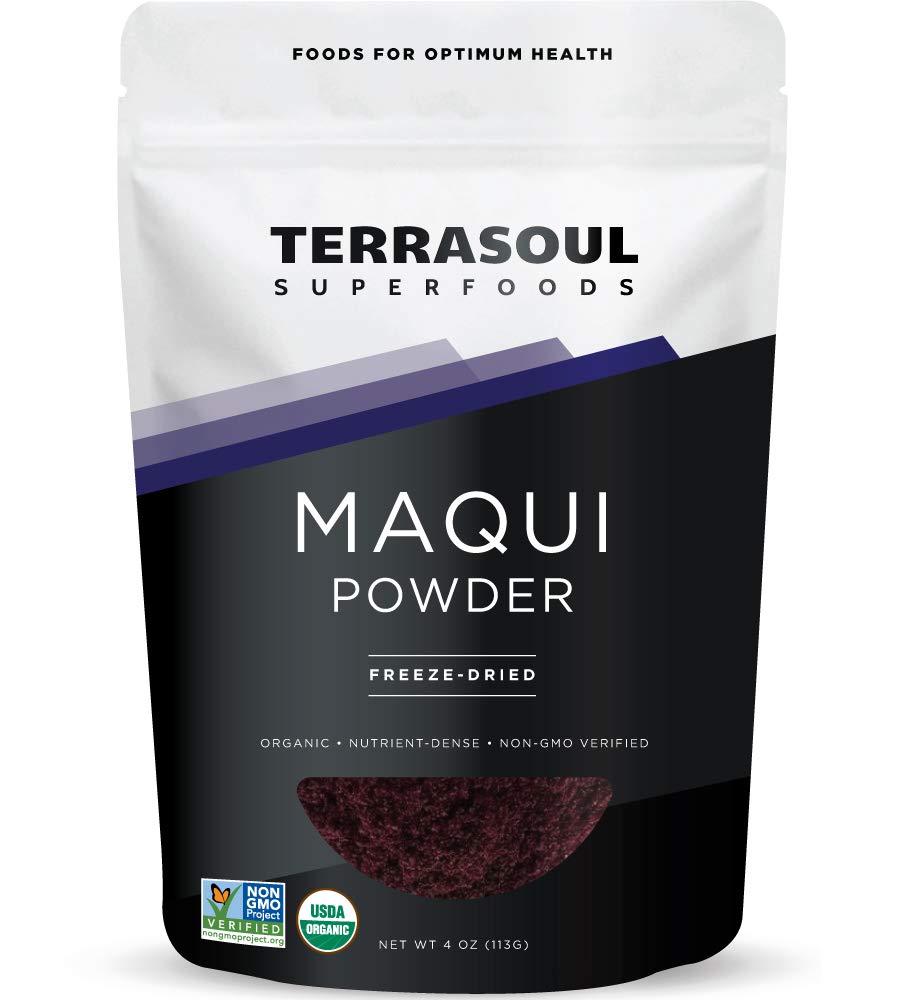 Terrasoul Maqui Berry Powder pouch showing organic freeze-dried powder for smoothies