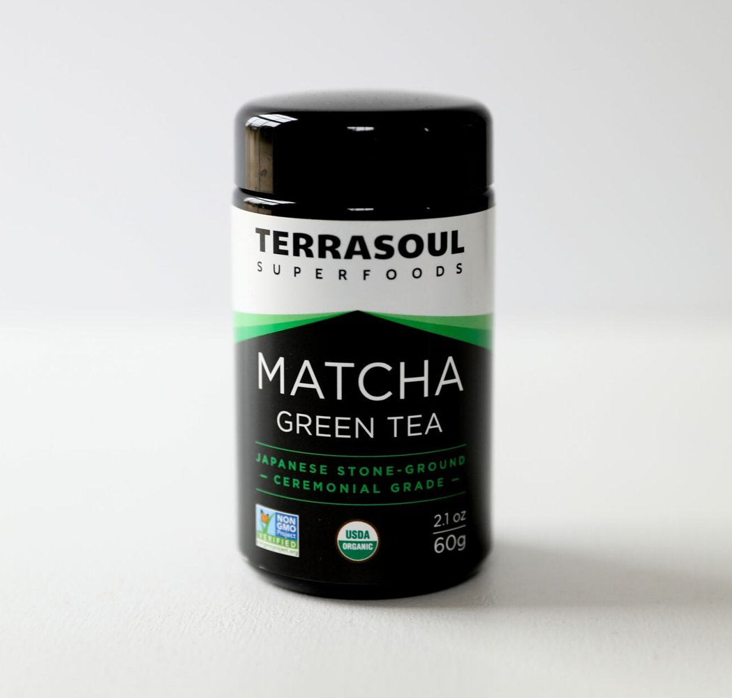 Close-up of Terrasoul green matcha powder showing vibrant color