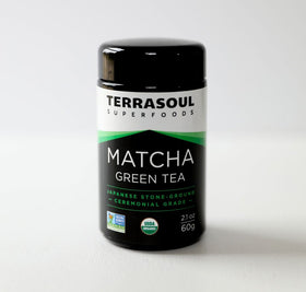 Close-up of Terrasoul green matcha powder showing vibrant color