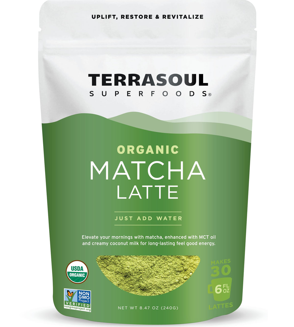 Terrasoul Matcha Latte bottle pouring, signaling easy prep and energy lift
