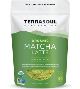 Terrasoul Matcha Latte bottle pouring, signaling easy prep and energy lift