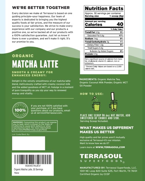 Terrasoul Matcha Latte dry powder, ideal for versatile drinks