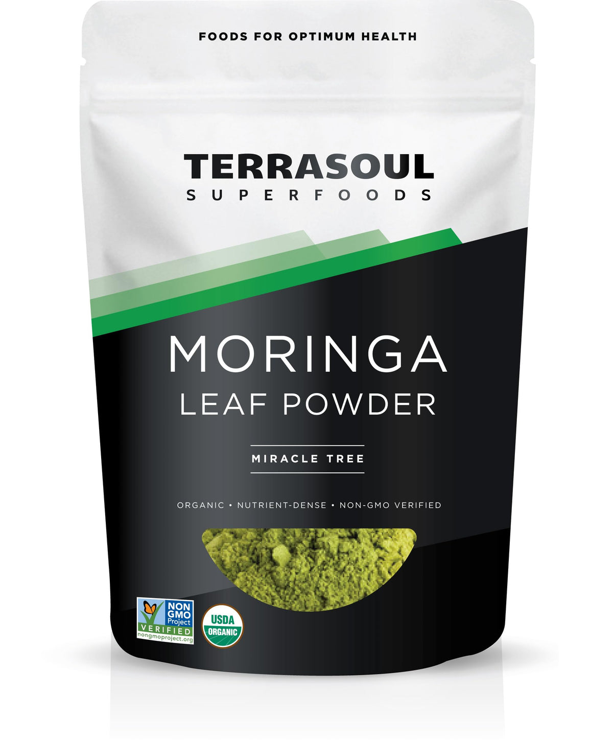 Terrasoul Moringa leaf powder bottle with vibrant green powder, ideal for smoothies.
