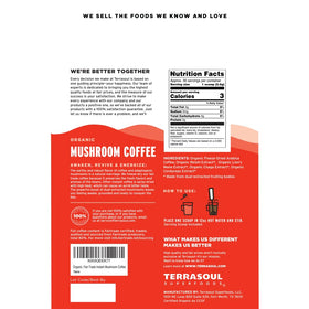 Terrasoul mushroom coffee cup steaming demonstrates convenient caffeine with mushroom-enhanced focus potential.