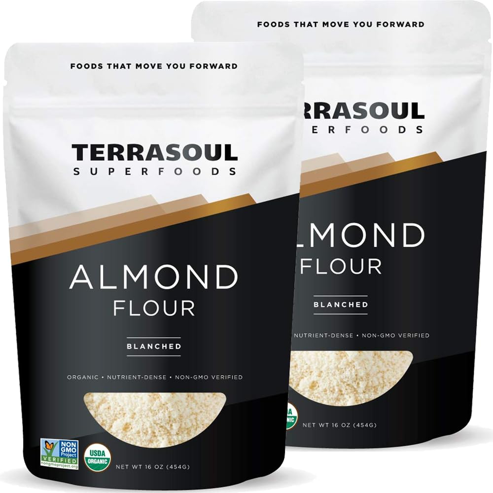 Terrasoul Organic Almond Flour bag front for keto baking versatility.
